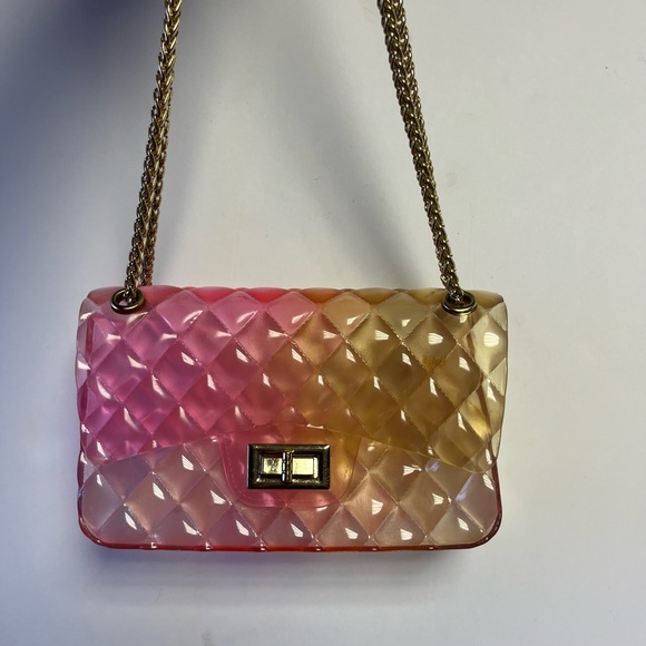 Jelly Crossbody Bag Pink Yellow Jelly Handbag Round Gold crossbody chain - Picture 2 of 6